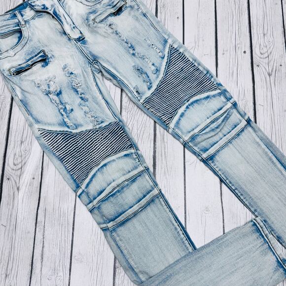 Men’s Balmain Light Blue Destroyed And Ribbed Biker Jeans Size 32x33 - Picture 3 of 9
